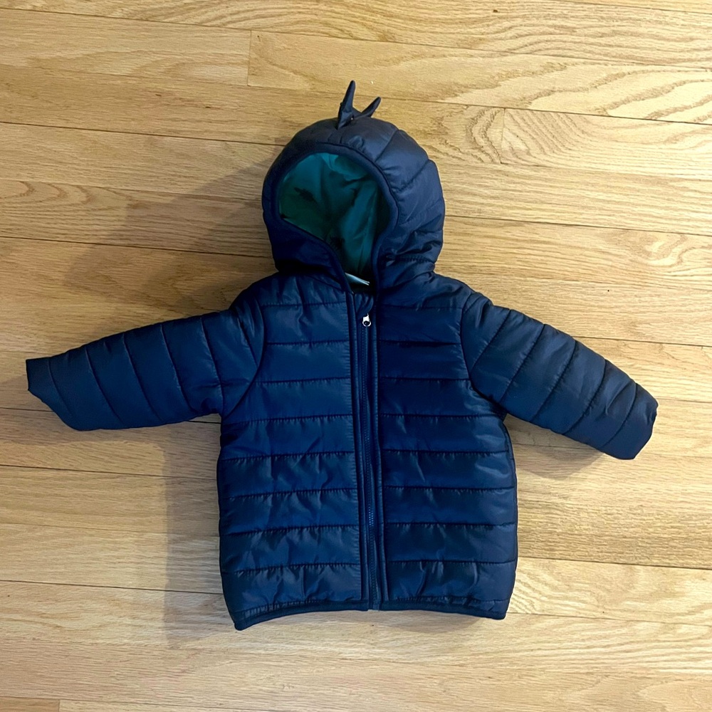 EUC First Impressions Baby Navy Blue Hooded Dino Puffer Jacket Size 6-9 Months